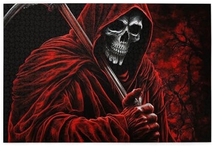 HERRECX 1000 Piece Jigsaw Puzzle Red Grim Reaper Sickle Skull Dark Wood Puzzle for Adults Teens Family Game Educational Toys Gifts