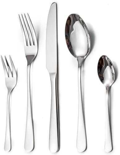 LAZAHOME Besteck Set, Edelstahl Spiegelpoliert 30 teilig Besteckset für 6 Personen, Essbesteck Set mit Messer Gabel Löffel für Familie/Party/Hotel/Restaurant, Silber Tafelbesteck, Spülmaschinenfest
