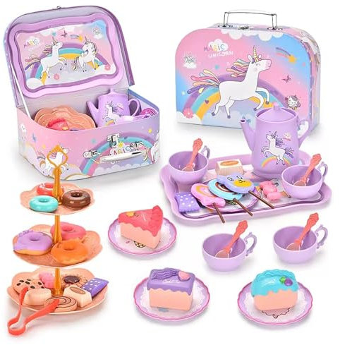 Rainbow Horse 33 Piece Tin Play Tea Set for Toddlers - Children's Tea Party Pretend Play Toys with Plates, Teapot, Dessert Toys