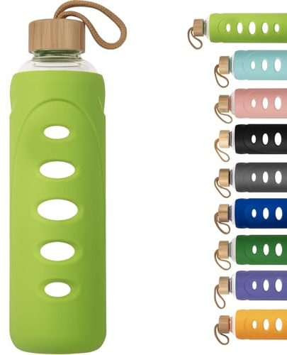 Ferexer Sport Glas Trinkflasche 1000ml / 1 Liter, Borosilikatglas Wasserflasche mit Silikonhülle und Einzigartigem Deckel