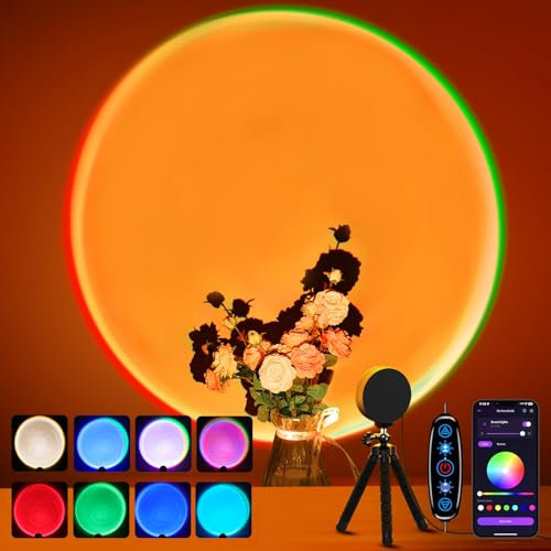 MeRGBW-Home Sunset Lamp Projecteur Multicolore, Lampe Coucher de Soleil Connexion USB, Bouton Interrupteur et Contrôle APP, Rotation 360° Lampe Lumière Soleil pour Chambre, Photographie, Fête, Live