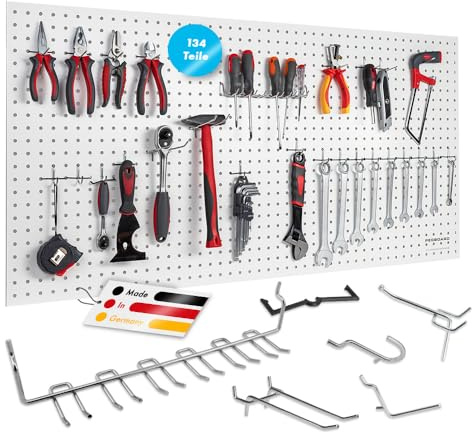 Pegboard Werkzeugwand aus Holz (MDF) inkl. 134-teiligem Hakenset - 120x60x0,5cm weiß/braun, Ø7mm Löcher & 25,4mm Lochabstand - für Werkstatt und mehr - FSC-zertifiziert & Made in Germany