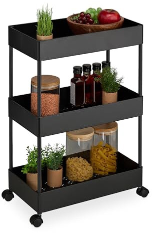 Relaxdays Rollwagen, 3 Etagen, Servierwagen, Küchenwagen, Bad & Büro, Rollregal, HxBxT: 65 x 39,5 x 21,5 cm, schwarz