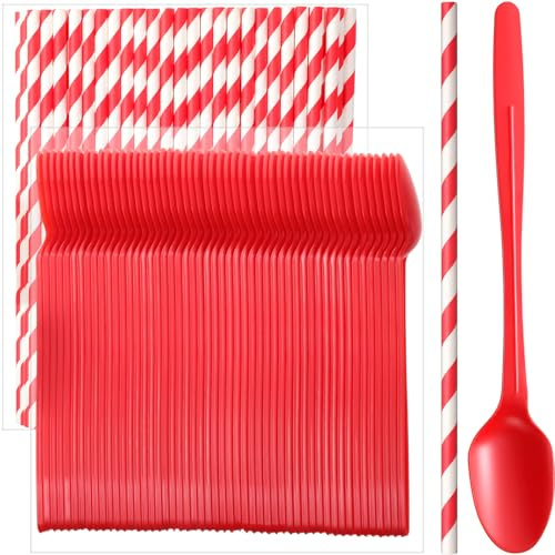 Potchen 100 Sets/200 Pcs 8.27 Inch Sundae Spoons and Red Paper Straws Heavy Duty Plastic Utensils Party Supply for Ice Cream,Milkshakes,Stirring Cocktails and Tall Ice Beverages