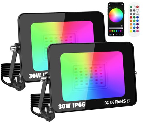 YOJZMA 2-pack 30 W LED strålkastare utomhus, smart RGB gör-det-själv-scener färgskiftande landskapsbelysning med APP-kontroll, IP66 vattentäta strålkastare med kontakt för trädgård gård steg hus