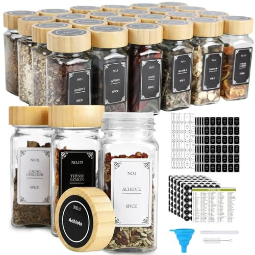 Cozary Barattoli Spezie – Set di 24 Barattoli Spezie per Cucina in Vetro con Coperchio in Bambù, 648 Etichette, Contenitori Spezie con Doppia Apertura, Ideale per la Conservazione e l'Organizzazione