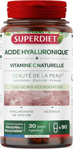 Acide Hyaluronique, Vitamine C - Beauté de la peau, Elasticité - Gélules | Cure de 30 jours - 90 gélules -Rétention d'eau- Élasticité, fermeté, Hydratation de la peau- Fabrication française- Superdiet