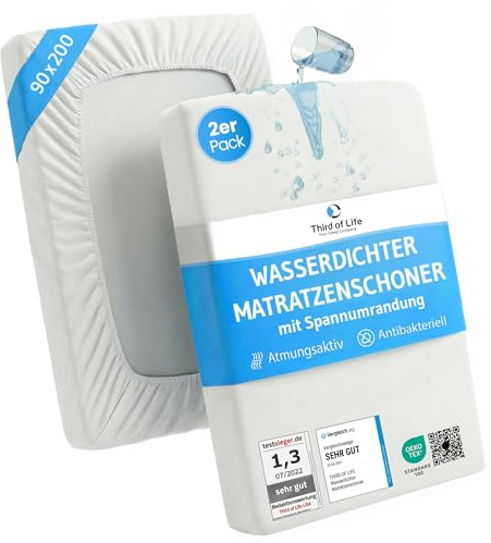Matratzenschoner 90 x 200 Doppelpack, wasserdichte Inkontinenzunterlage | 2-er Set Nässeschutz 90x200, Anti-Milben atmungsaktiver Matratzenbezug für Allergiker, schimmelresistente Matratzenauflage