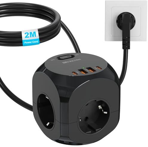 Cubo de Enchufes con USB, Cubo de Regleta Múltiples 8 en 1 con 2 USB-A y 2 USB-C, Cubo de Regletas de Enchufes de 4 Tomas con Interruptor, Distribuidor de Enchufes Múltiples con Cable de 2M, Negro