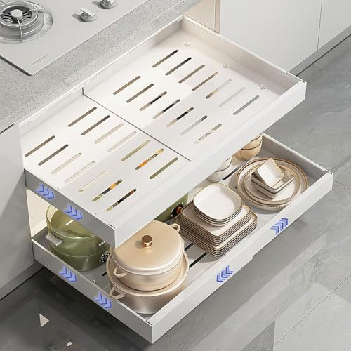 Ventouse 2-Stück Teleskopschublade Ausziehbar Schublade: 42cm Küchenschrank Schubladenauszug Slide Out Schrank mit Kleber Organizer Ordnung ohne Bohren für Hausfrauen Küchenhilfe Breite 32-52cm