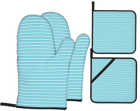 FEYUNYAN Oven Mitts Set for 4, Blue Striped, Long Heat Resistant Gloves & Potholders with Pocket for Baking, Grilling, Kitchen Safety, Thermal Insulating Cookware Handle Protectors for Oven, BBQ