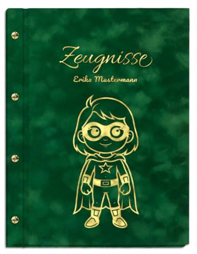 Personalisierbare Zeugnismappe in grüner Samtoptik mit eigenem Namen und Motiv - inkl. 12 Sichthüllen - Goldener Aufdruck mit individuellem Motiv selbst gestalten