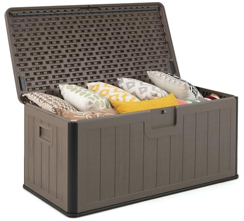 COSTWAY Baule da Esterno 378 L Impermeabile, Cassapanca Contenitore in Resina con Coperchio Bloccabile, Contenitore Salvaspazio per Giardino e Cortile, 130 x 64 x 59 cm (Marrone)