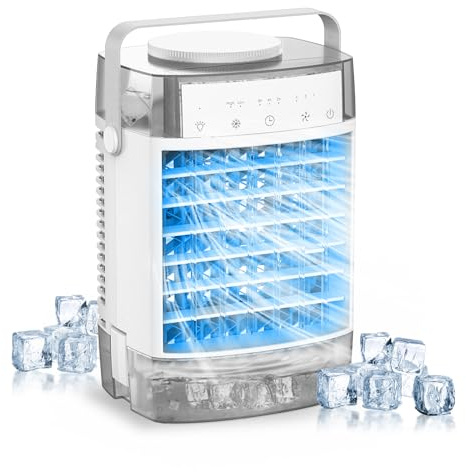 Aire acondicionado portátil 4 en 1, ventilador móvil y humidificador con luces LED nocturnas, 3 velocidades, 2 modos de pulverización, mini enfriador de 1000 ml para oficina en casa y dormitorio