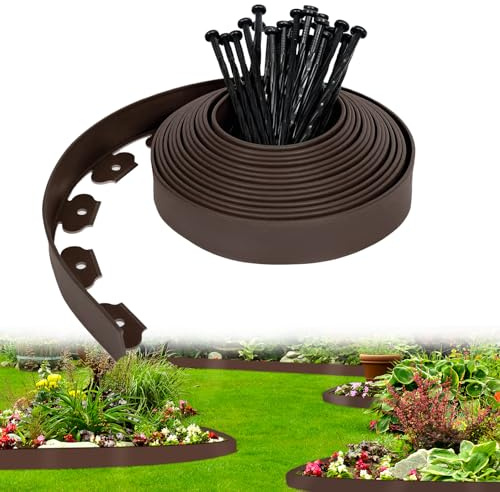 INHEMING Bordure per Aiuole, 5 m x 5 cm, Flessibile, Marrone, con 15 Chiodi in Plastica, per Giardino, Prato, Aiuola