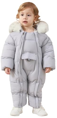 Maeau Combinaison de Neige Bébé Fille Garçon Grenouillère Hiver Nouveau Né Barboteuse à Capuche Snowsuit Vêtement de Ski Chaud Combi Pilote Jumpsuit Manteau Polaire Veste Ensemble Body 2-3 Ans Gris