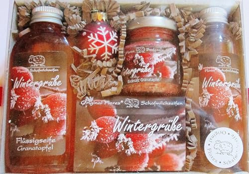 Geschenkset für Weihnachten Pflegeset Damen - Herren, mit 100g Schafmilchseife, 75ml Flüssigseife, 40g Badesalz und 75ml Duschbad in der Geschenkbox -aus Schafmilch - Duft Granatapfel