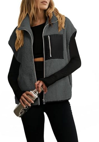 Dokotoo Womens Vest Winter Sleeveless Oversized Casual Womens Fur Coat Zip Up Fleece Jacket With Pockets Fleece Vest Tops for Women Cropped Sherpa Women's Vests Winter Clothing For Women Grey S