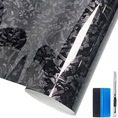 NewL Vinilo Autoadhesivo Fibra Carbono Forjada Negro Brillante 30 x 100 cm | Acabado fibra de carbono forjada, herramienta incluida, canales antiburbujas, adhesivo reposicionable, para coche y muebles