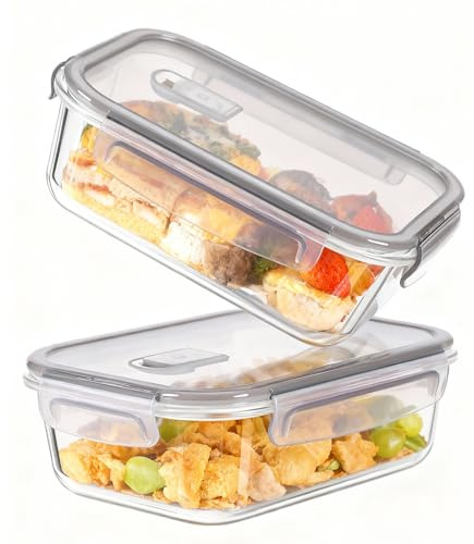 Glass Food Containers with Lids Of1040ml*2,Food Containers with Grey Lids -4piece Set (2Containers+2Lids) with FreeSponge,Lunch Box,Kitchen EssentialsStorage,Bpa-Free Glass Meal Prep Containers