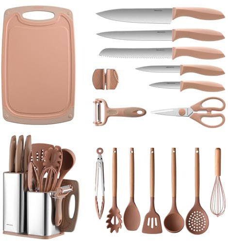 RAXCO Juego de cuchillos de cocina de acero inoxidable de 18 piezas - juego de cuchillos para carne, juegos de cuchillos de cocina profesionales con bloque y afilador (Marrón Moca)