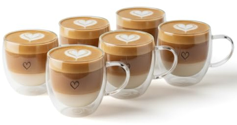 Superior Interior dubbelväggiga cappuccinokoppar set om 2 – kaffeglas med handtag 250 ml, glaskoppar för kaffe, hjärtdesign