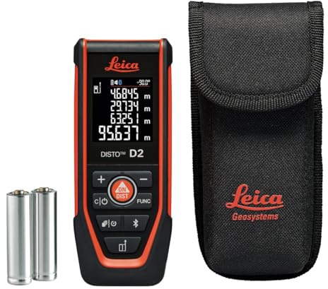 Leica DISTO D2 – funktioneller Laser Entfernungsmesser mit 150m Reichweite | mit NFC und Bluetooth (App-Nutzung), ausklappbarem Endstück und Neigungssensor, für Messungen im Innenbereich