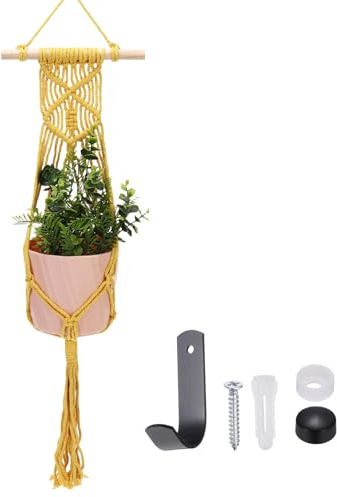 sourcing map Macrame Plant Hanger, 34 Inch Plant Hanger Indoor Outdoor Hanging Planter with Hook Tassels Decorative Crochet Cotton Rope for Home Decor Plants Pots,Rope Style Yellow