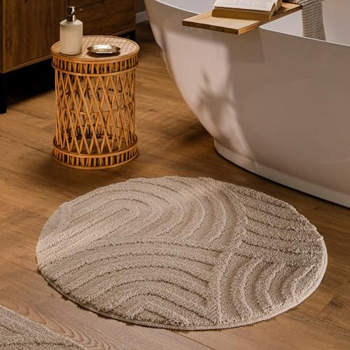 Wecon Home Badteppich Fiete, 80 cm rund, Sand beige | Hoch-Tief-Struktur, waschbar 30°C, rutschhemmend