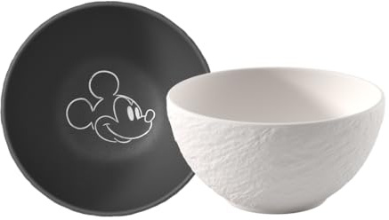 Villeroy & Boch Manufacture Rock – Mickey Mouse – Müslischale, 2-teilig, schwarz/weiß, spülmaschinenfest & mikrowellensicher, Schieferoptik mit Mickey Mouse Kreidedekor, Premium Porzellan