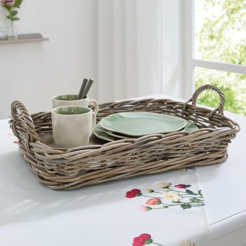 Dekoleidenschaft großes Tablett Koboo Grey aus Rattan, grau, mit Griffen, 50x35 cm, Serviertablett, Korbtablett rechteckig, Kaffeetablett