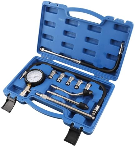 Akozon Kit Professionale per Tester di Compressione del Cilindro del Motore di un'auto da 0,20 Bar, 0,300 PSI con Manometro, 5 Adattatori e Custodia, Tubo in Metallo e Gomma per Prove di Pressione
