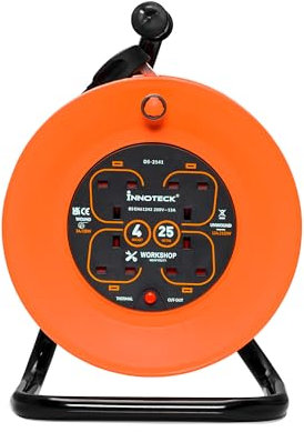 Innoteck 4 Way Socket 25M Cable Reel - Thermal Cut Out and Resetting Switch - Heavy Duty Cable and Portable - Extension Lead for Indoor - Orange and Black