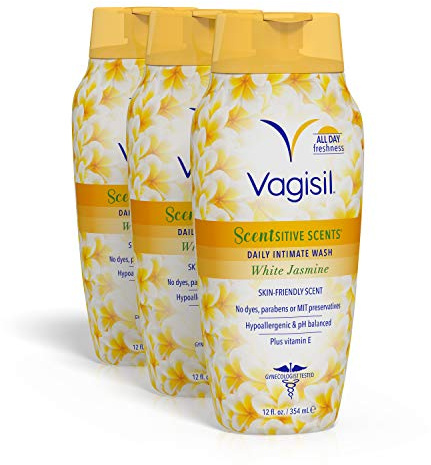 Vagisil Feminine Wash for Intimate Area Hygiene, Scentsitive Scents, pH Balanced and Gynecologist Tested, White Jasmine, 12 oz (Pack of 3)