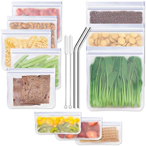 YAASO Reusable Food Storage Bags Reusable Metal Straws Sandwich Snack Bags Set for Food Fruit Meat Juice Liquid, Eco Friendly Degradable Material, Ziplock Leakproof, Extra Thick Extra Large (15 Pcs)