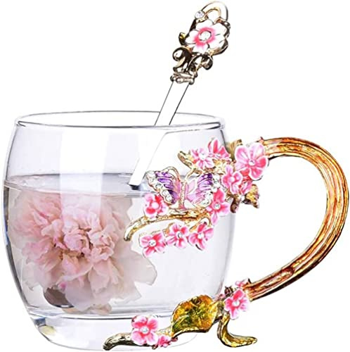 YBK Tech Kreative Blume Glasbecher, Kristallklares Glas Teetasse- Rosa Pflaume, Kurz (320ml)