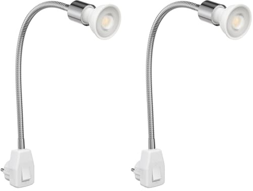 ledscom.de 2x Steckdosenlampe LESCH Leselampe Schwanenhals, Schalter, Chrom inkl. GU10 LED Reflektorlampe 5,473W 468lm 30° warm-weiß