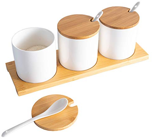 smarex Ceramic Condiment Jar Seasoning Container with Lids,white Salt Sugar Pepper Spice Container Bowls Pot with Spoon, Porcelain Pot,Set of 3, 8 Oz, for Home Kitchen Coffee Bar