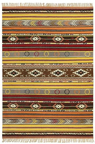 Kelim Alfombra de la mejor lana, sostenible, tejida a mano, de fibra natural, adecuada para salón, dormitorio, pasillo, hogar, 80 x 150 cm, color marrón y amarillo