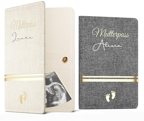 Bl4ckPrint - Mutterpasshülle aus Kunstleder Personalisiert Name Organizer für Impfpass Mutterpass Ultraschallbilder viele Fächern Deutscher Österreichischer Mutterpass Geschenk für Schwangere (Creme)