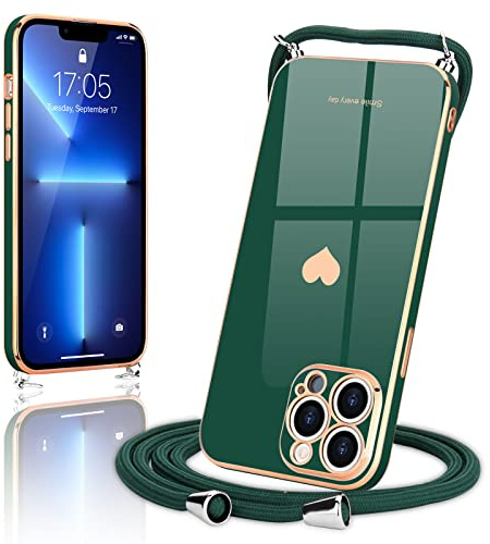 Wirvyuer Handyband Hülle Kompatibel mit iPhone 13 Pro Max Handyhülle mit Band zum Umhängen Kameraschutz Liebesherz Schutzhülle mit Kordel Silikon Umhängetasche für iPhone 13 Pro Max Dunkelgrün