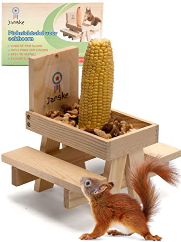 Janske - Futterhäuschen für Vögel - Futterhäuschen für Eichhörnchen - Wetterfestes Futterhäuschen mit Befestigung - Picknicktisch für Tiere
