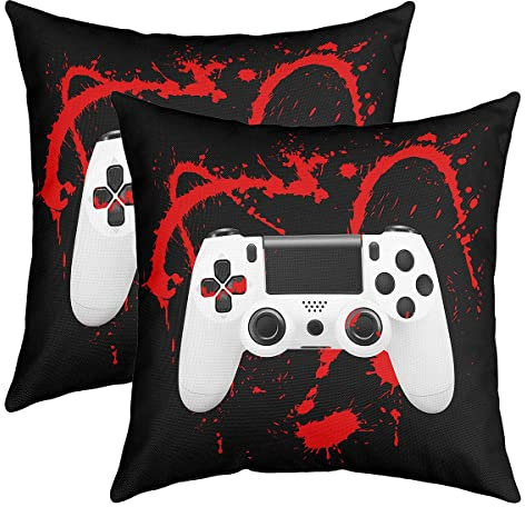 Loussiesd Set of 2 Gaming Throw Pillow Covers Game Cushion Case for Home Living Room Decor Reversible Game Room Decor Modern Game Console Controller Red Black Decorative Throw Cushion Case 18x18 Inch