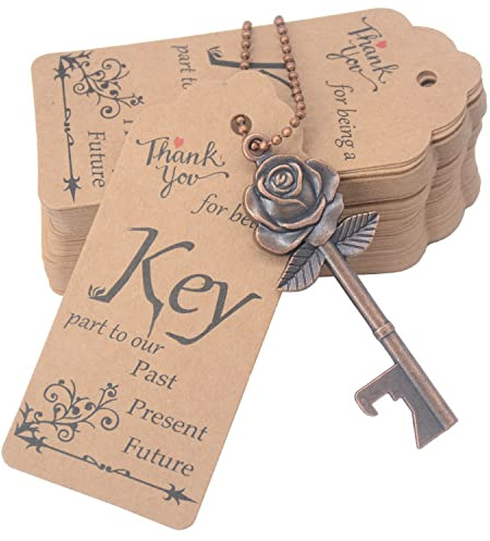 Aokbean 100 Stück Hochzeit Schlüssel Flaschenöffner Rose Form-Kupfer | Gastgeschenk Set mit Escort Dankeschön Karte und Schlüsselbund,Vintage Hochzeit Souvenir für Gäste Party Dekoration
