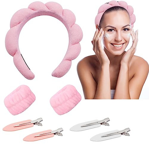 1 Fascia Capelli Donna in Spugna per il Trucco, 2 Polsini in Pile per Polso, 4 Fermagli per Capelli – Accessori per la Cura della Pelle, Lavaggio e Doccia (Rosa)