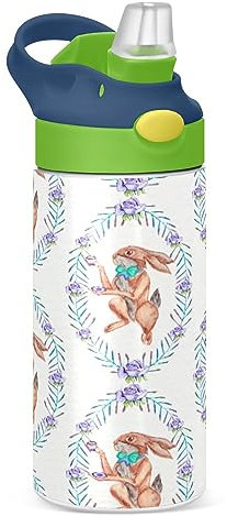 KAAVIYO Daisy Easter Rabbit Water Bottle Stainless Steel Insulated Vacuum Flask Leak Proof with Straw Brush Cup 350ML for Boys Girls Kids