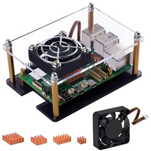 GeeekPi Acryl Gehäuse mit 4Pin PWM Lüfter und 4pcs Kühlkörpern aus reinem Kupfer für Raspberry Pi 5 4GB/8GB/16GB