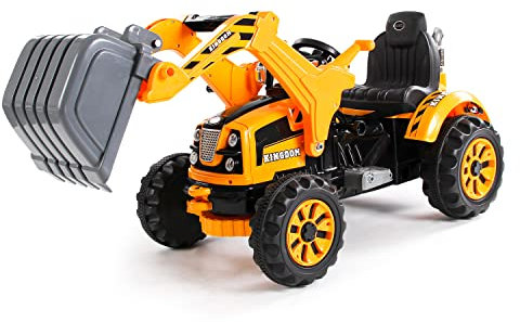 AsVIVA Kinder Elektroauto, Schaufelbagger Bagger (50 Watt Motor), elektrische bewegliche Schaufel, Einsitzer, Lenkradsteuerung, rote Warnleuchte, Elektroauto für Kinder ab 3 Jahre, gelb