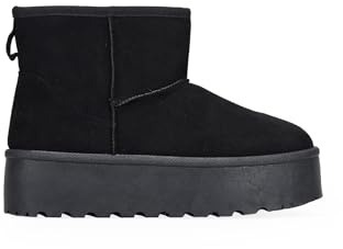 BOSANOVA Bottines de style australien avec tige moyenne de 12 cm, détail de logo, doublure en fourrure et semelle plateforme de 4,5 cm, sans fermeture. Chaussures pour femme, Noir , 36 EU
