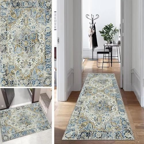 Mogetal Boho Läufer Teppich Lang Vintage Klassisch Flur Läufer Abstrakte rutschfest Waschbar 90x150cm Modern Dauerhaft Läuferteppich TeppichLäufer Küchen Korridor Polyester Anpassbar Meterware
